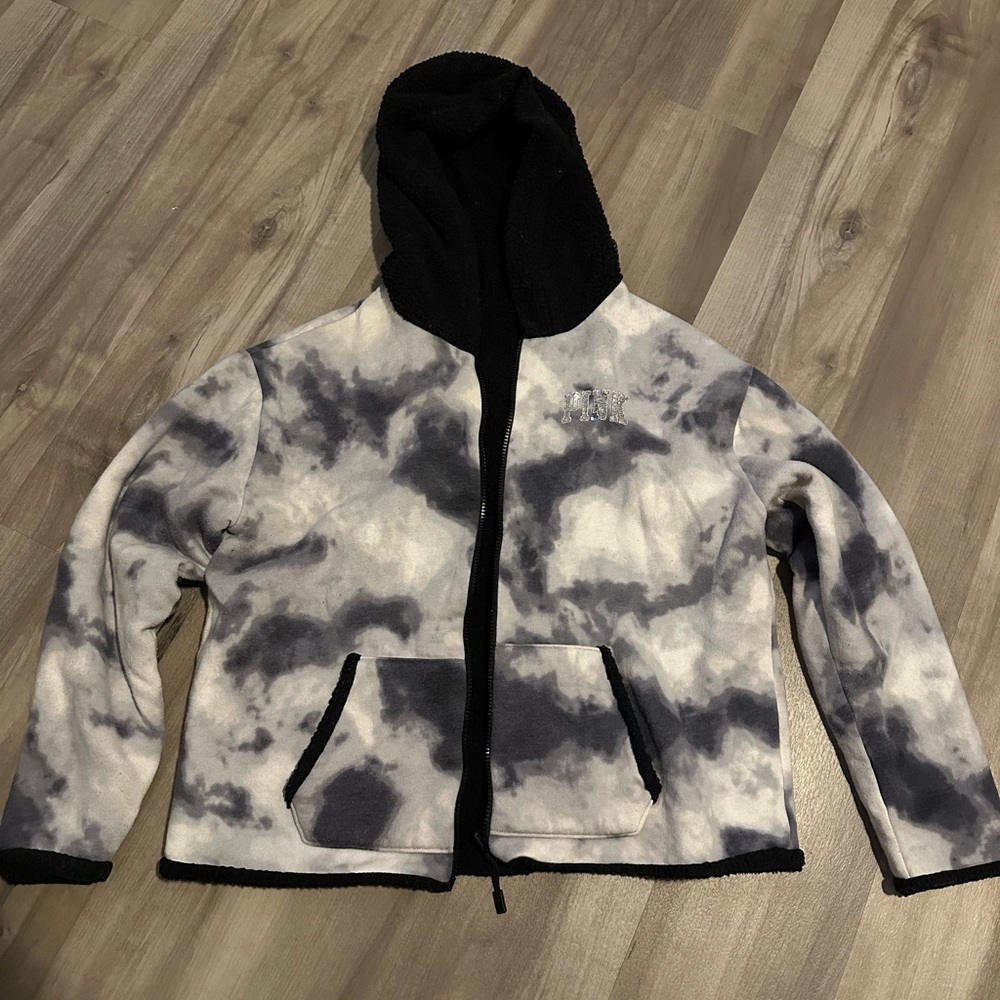 VS Pink Sequin Reversible Black Tie-dye Sherpa Jacket
